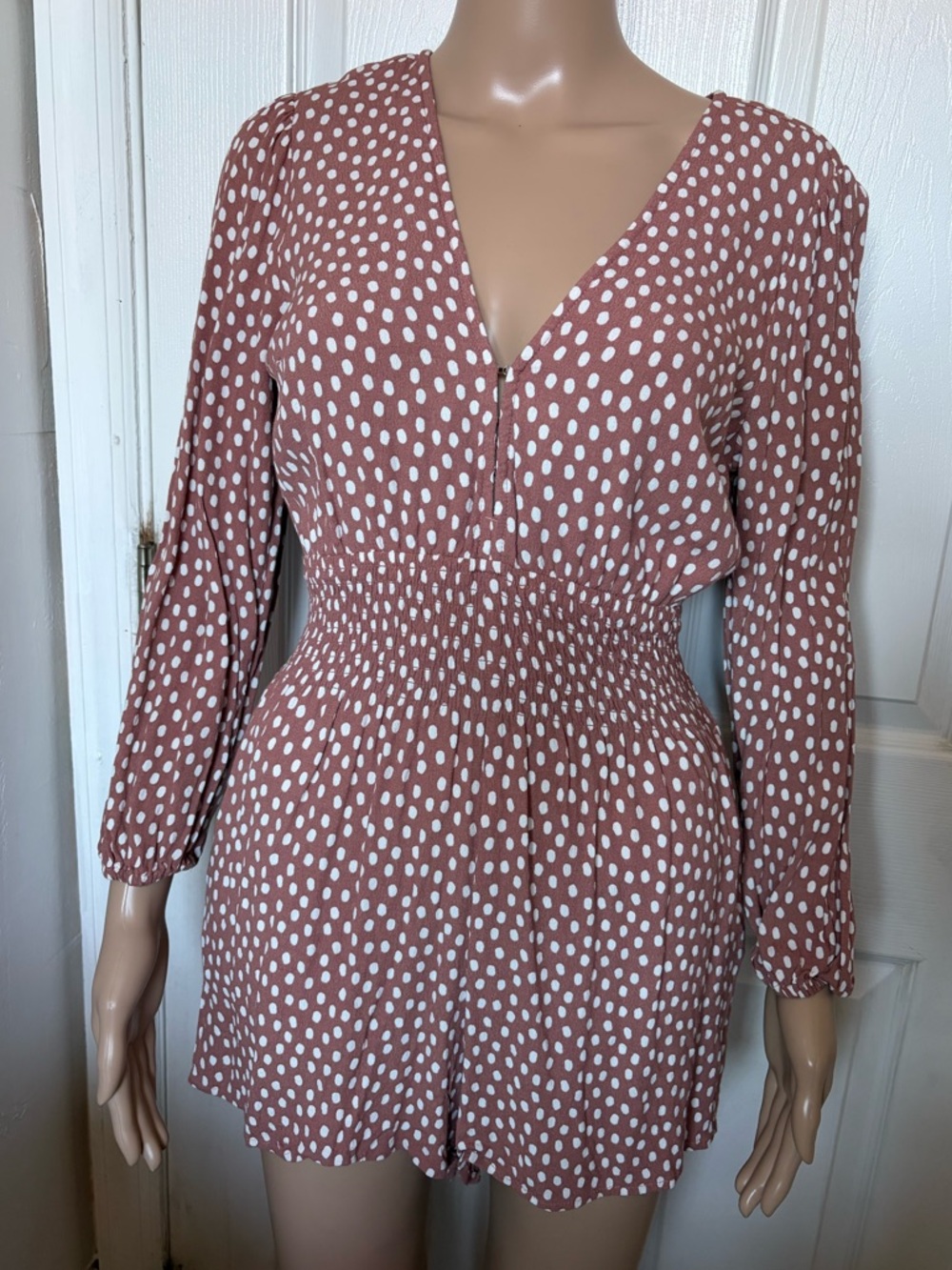 Dusty Rose Polka Dot Long Sleeve Romper